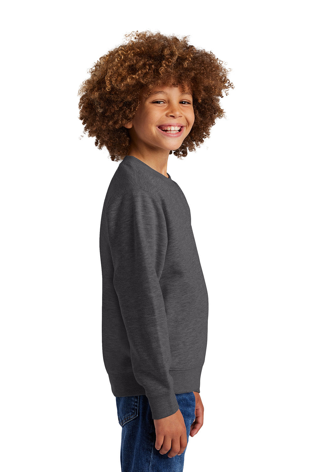 District DT6104Y Youth V.I.T. Fleece Crewneck Sweatshirt Heather Charcoal Grey Model Side