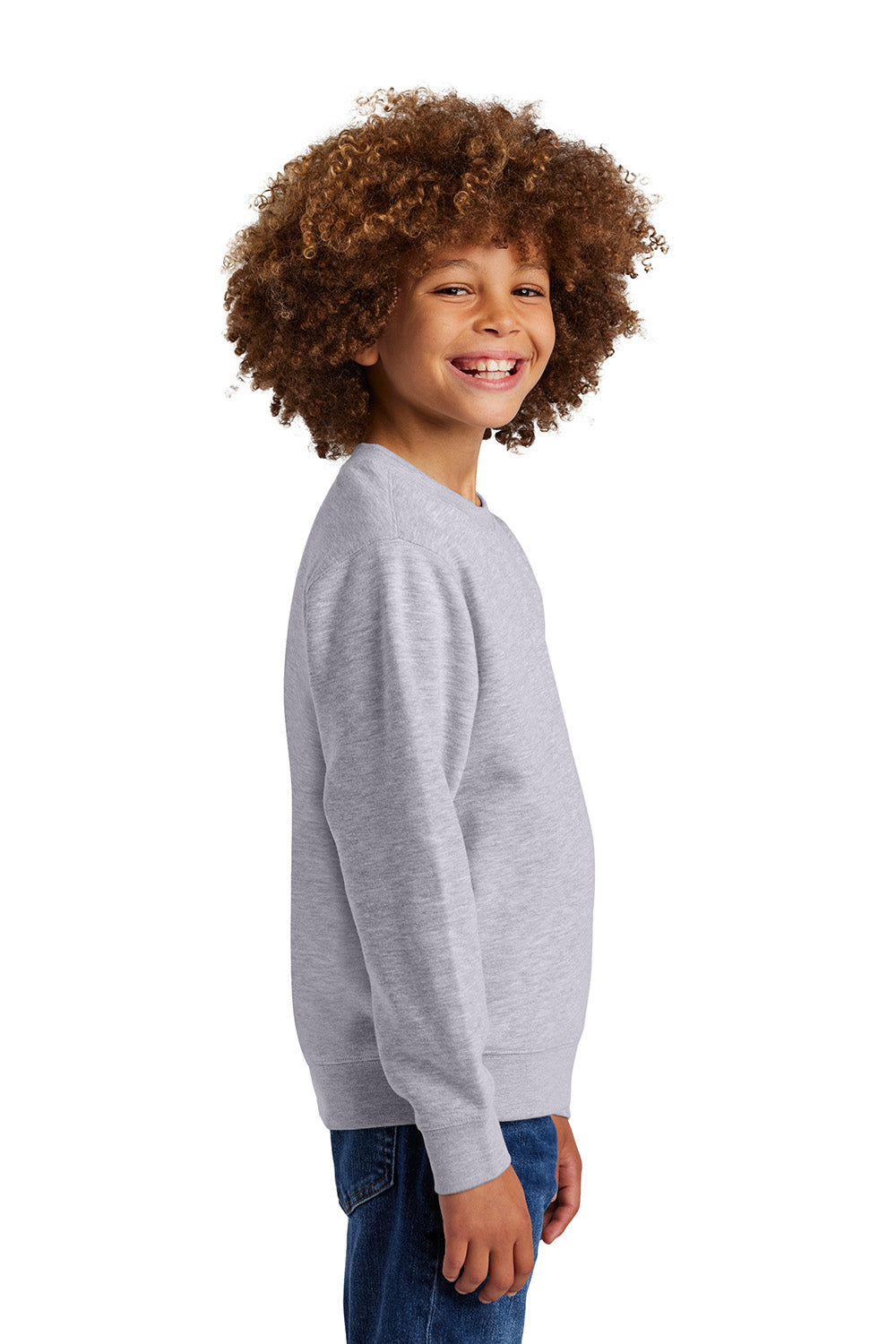 District DT6104Y Youth V.I.T. Fleece Crewneck Sweatshirt Heather Light Grey Model Side