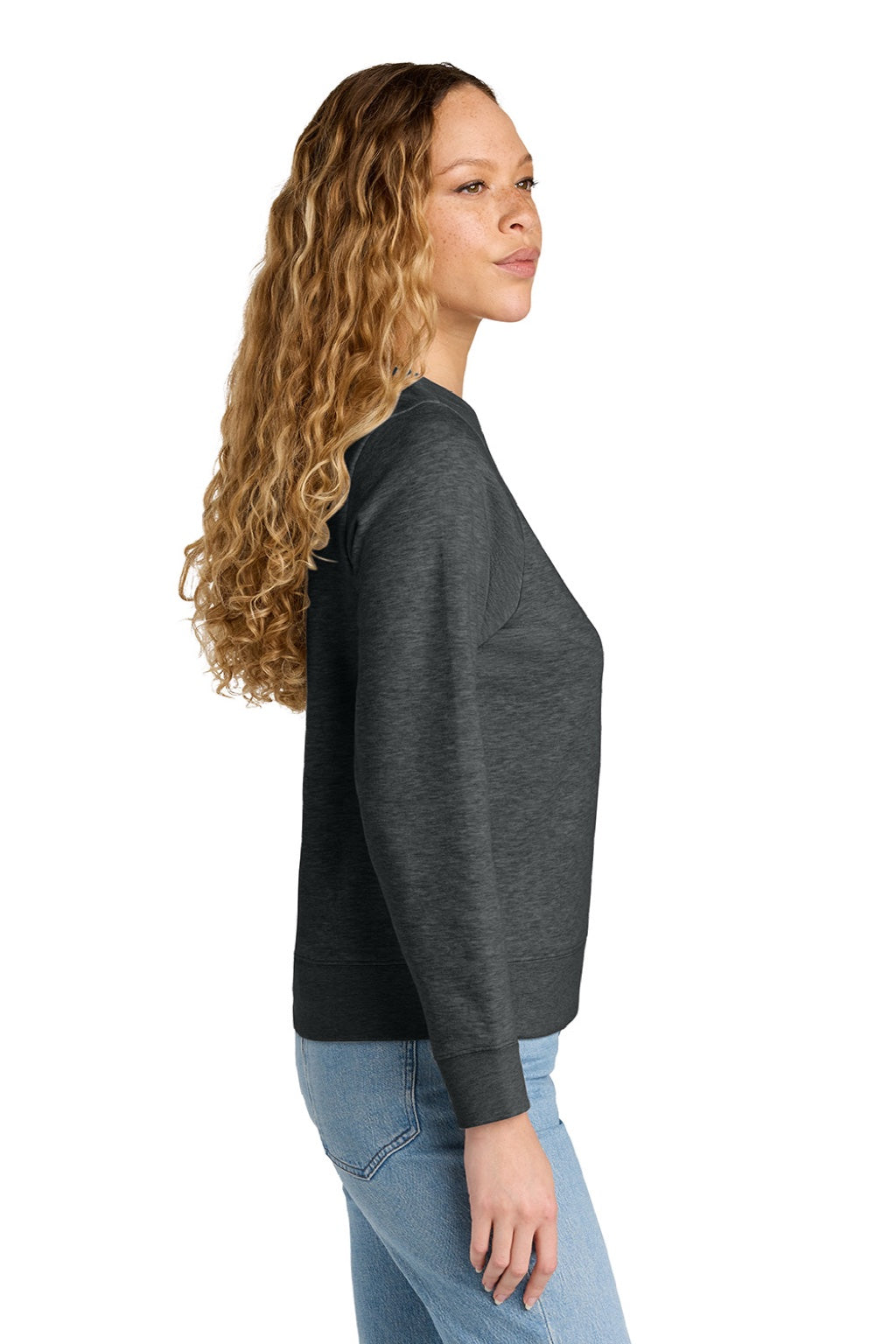 District DT6105 Womens V.I.T. Fleece Crewneck Sweatshirt Heather Charcoal Grey Model Side