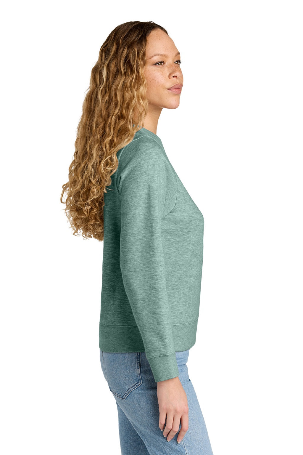 District DT6105 Womens V.I.T. Fleece Crewneck Sweatshirt Heather Dusty Sage Green Model Side