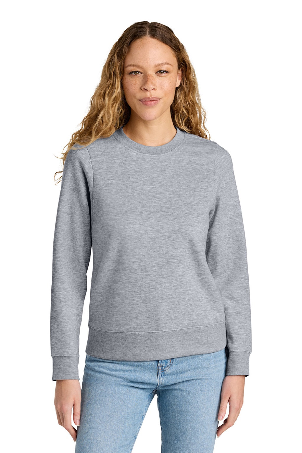 District DT6105 Womens V.I.T. Fleece Crewneck Sweatshirt Heather Light Grey Model Front