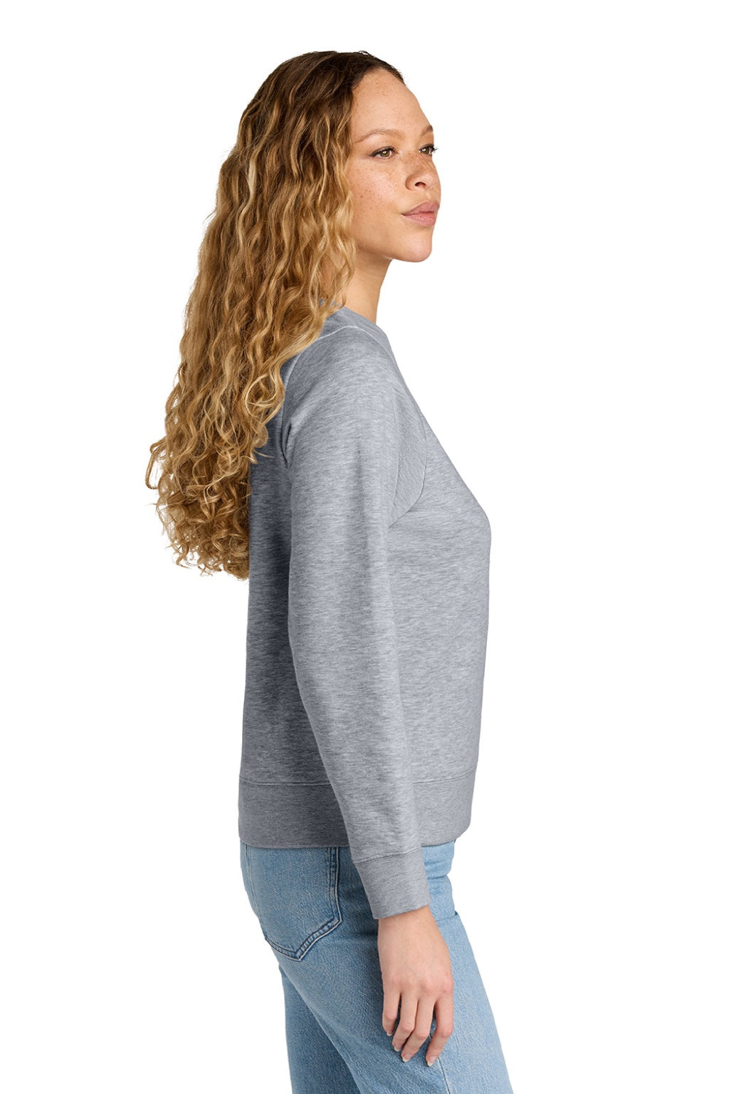 District DT6105 Womens V.I.T. Fleece Crewneck Sweatshirt Heather Light Grey Model Side