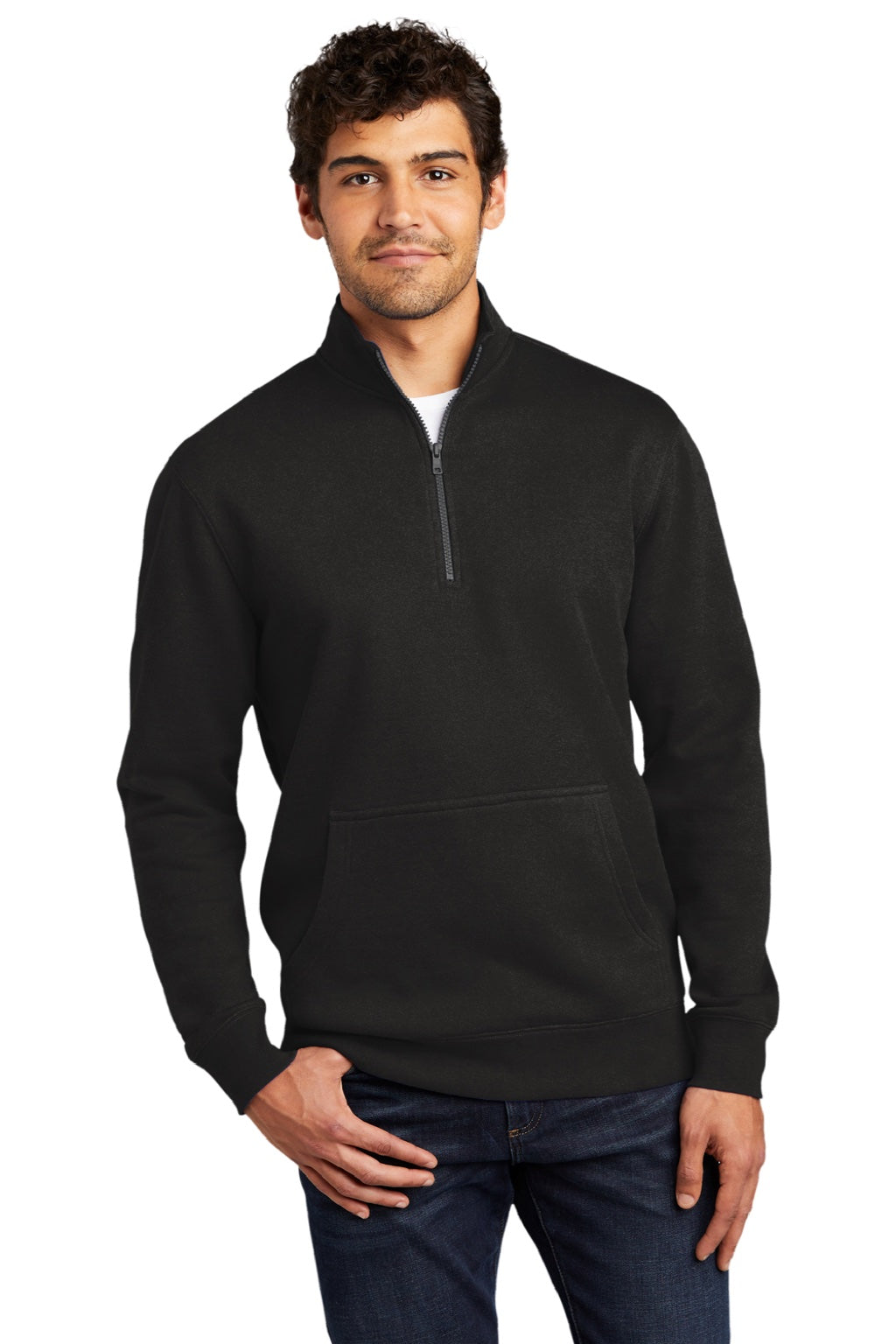 District DT6106 Mens Very Important 1/4 Zip Sweatshirt w/ Pouch Pocket Black Model Front