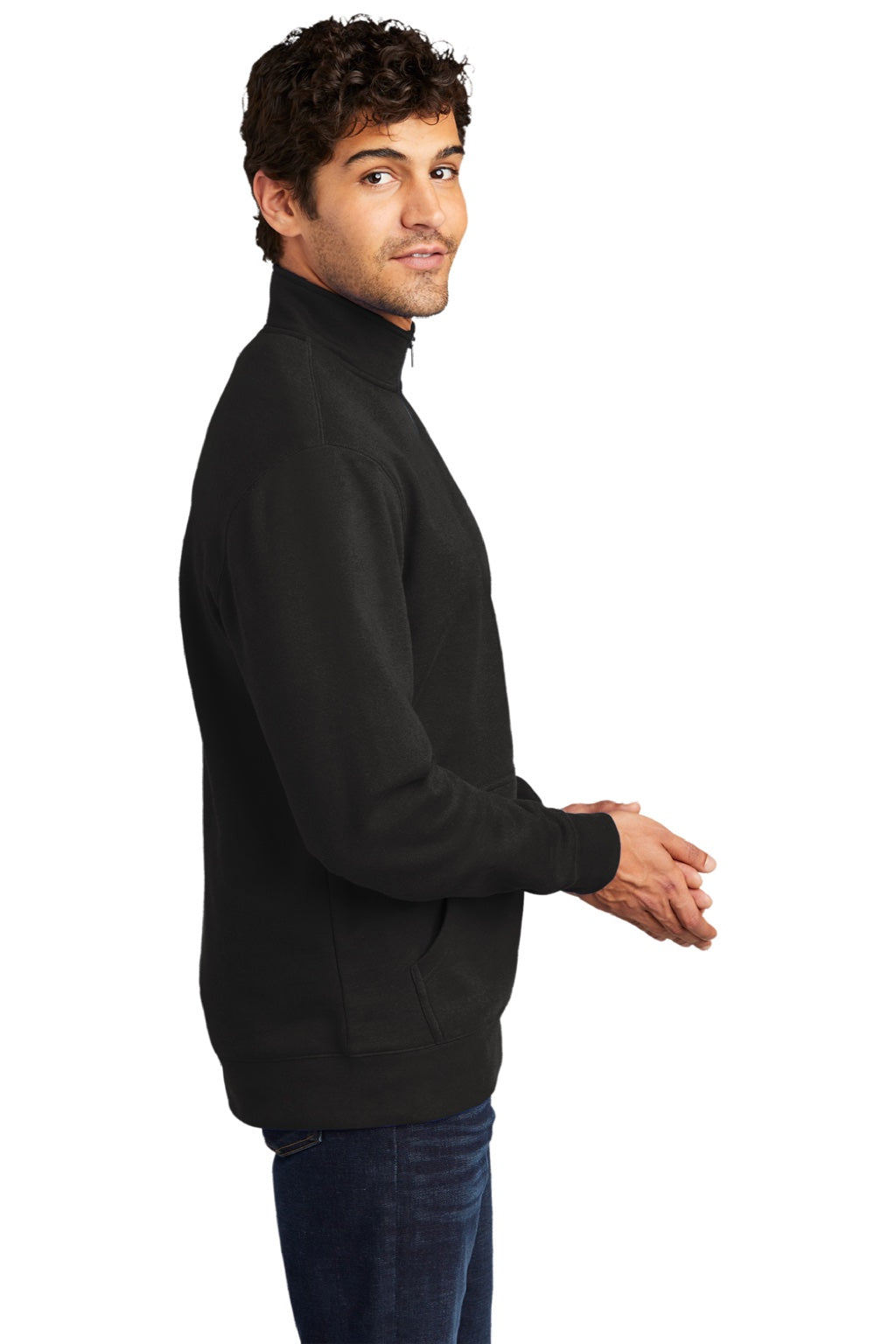 District DT6106 Mens Very Important 1/4 Zip Sweatshirt w/ Pouch Pocket Black Model Side
