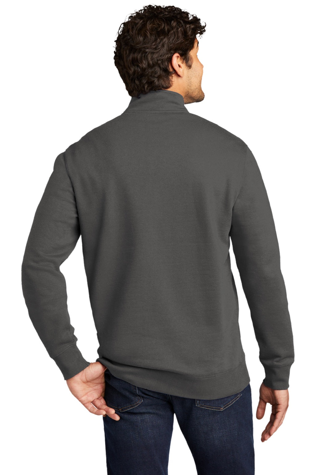 District DT6106 Mens Very Important 1/4 Zip Sweatshirt w/ Pouch Pocket Charcoal Grey Model Back