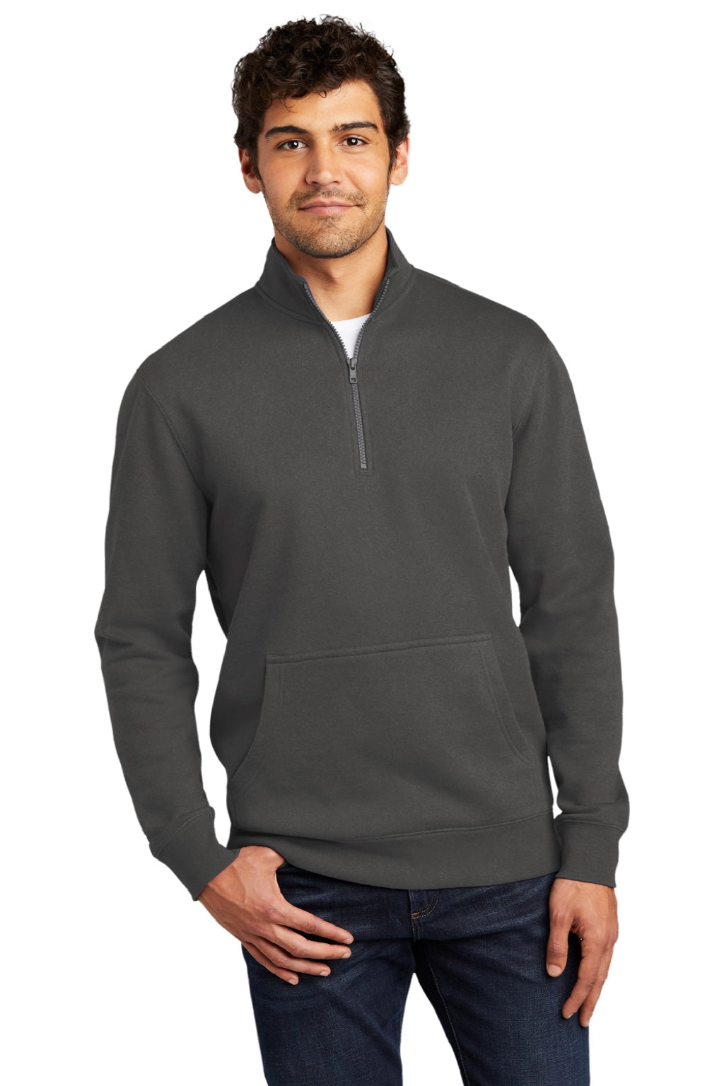 District DT6106 Mens Very Important 1/4 Zip Sweatshirt w/ Pouch Pocket Charcoal Grey Model Front