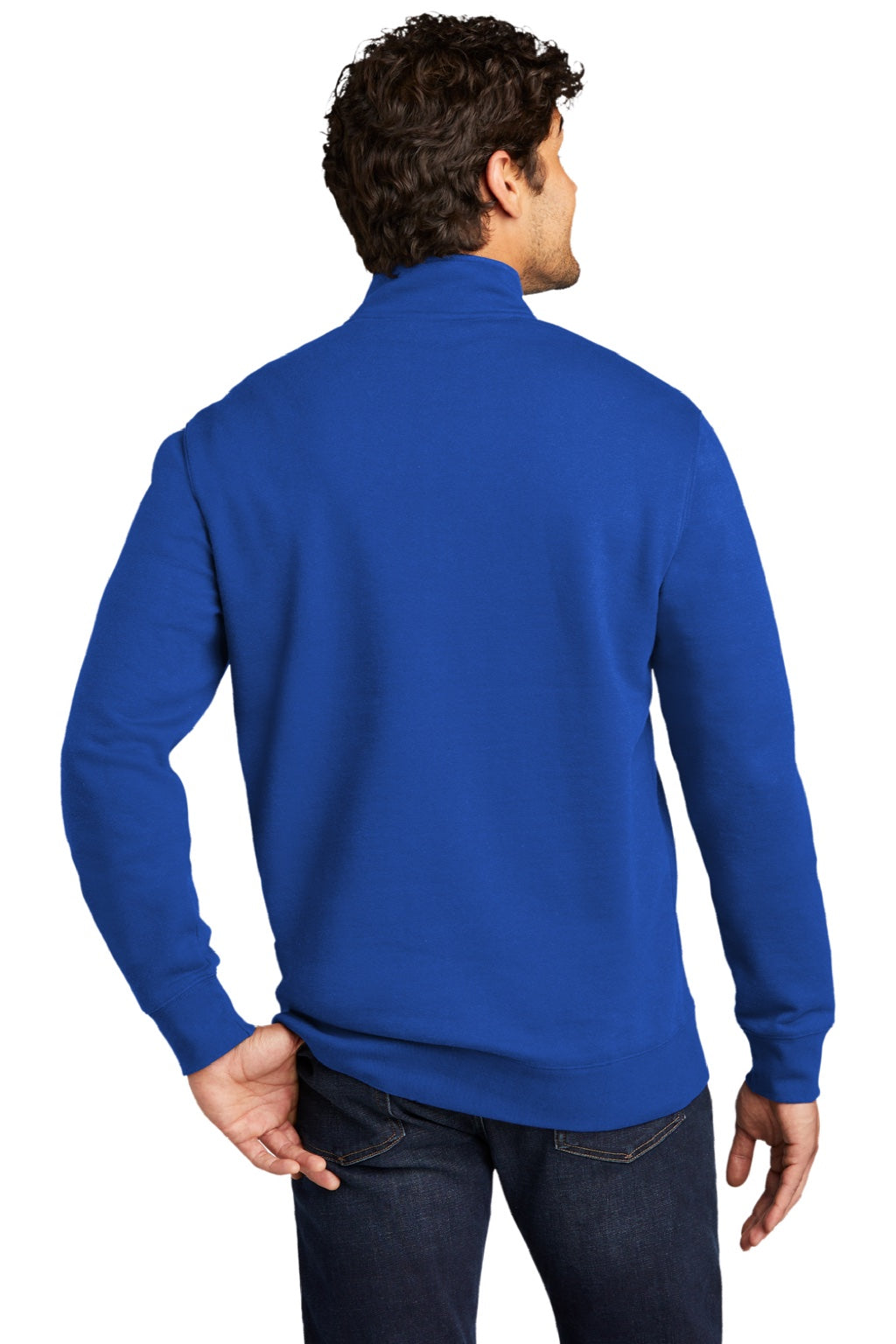 District DT6106 Mens Very Important 1/4 Zip Sweatshirt w/ Pouch Pocket Deep Royal Blue Model Back