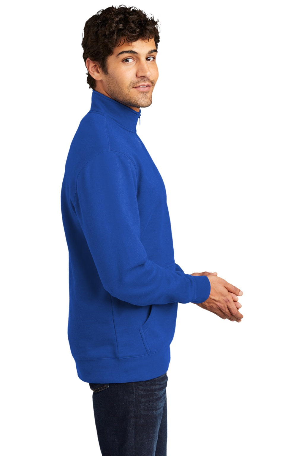 District DT6106 Mens Very Important 1/4 Zip Sweatshirt w/ Pouch Pocket Deep Royal Blue Model Side