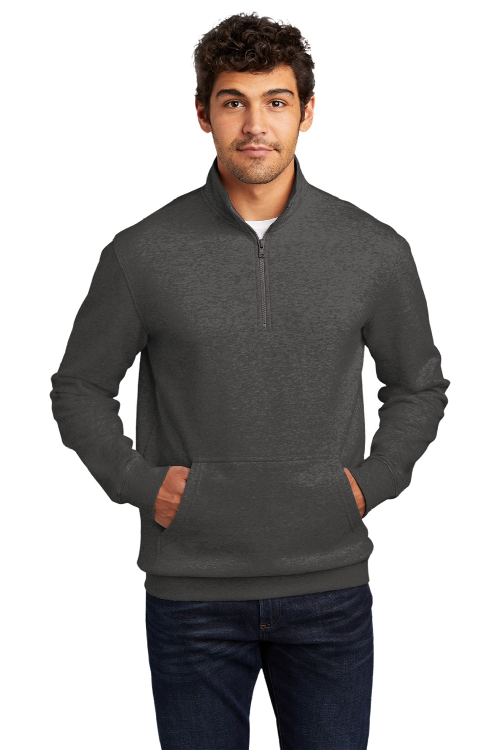 District DT6106 Mens Very Important 1/4 Zip Sweatshirt w/ Pouch Pocket Heather Charcoal Grey Model Front