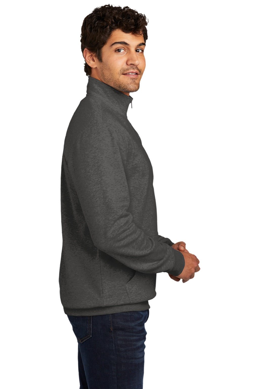 District DT6106 Mens Very Important 1/4 Zip Sweatshirt w/ Pouch Pocket Heather Charcoal Grey Model Side