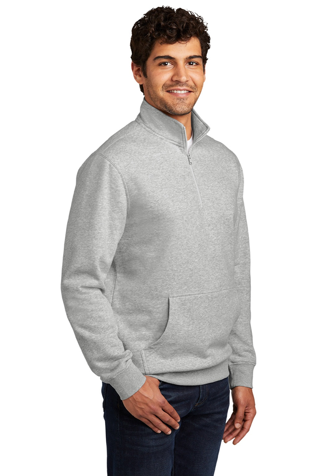 District DT6106 Mens Very Important 1/4 Zip Sweatshirt w/ Pouch Pocket Heather Light Grey Model 3q