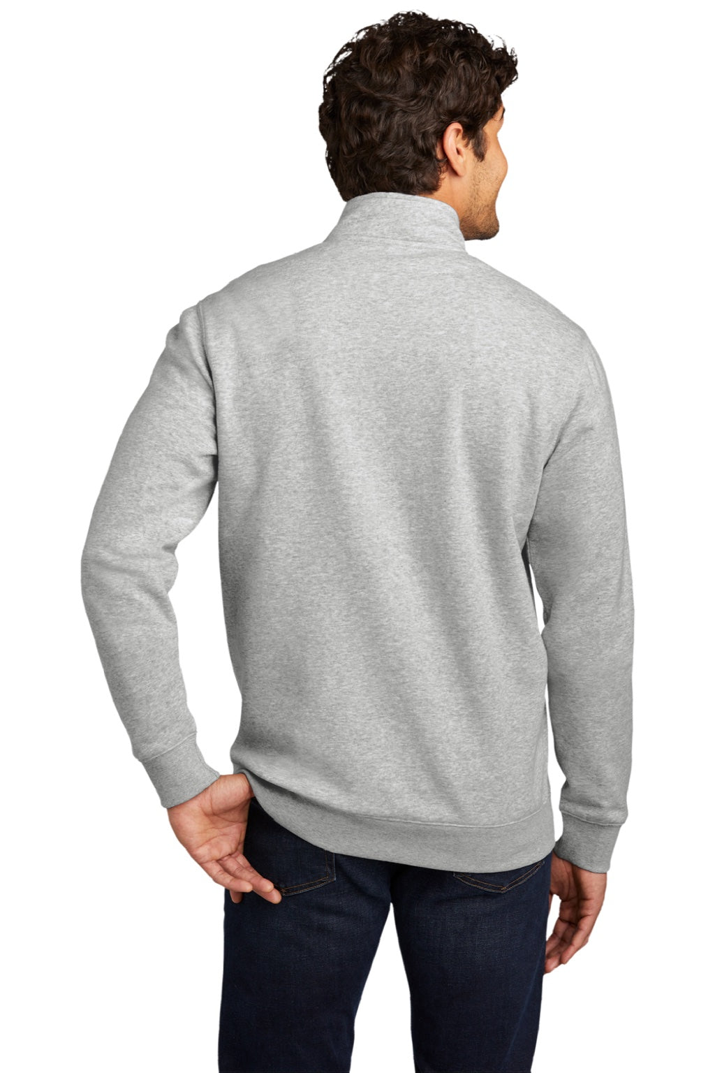 District DT6106 Mens Very Important 1/4 Zip Sweatshirt w/ Pouch Pocket Heather Light Grey Model Back