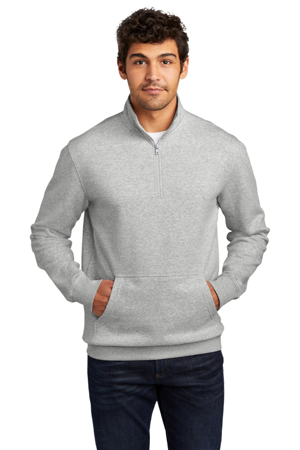 District DT6106 Mens Very Important 1/4 Zip Sweatshirt w/ Pouch Pocket Heather Light Grey Model Front