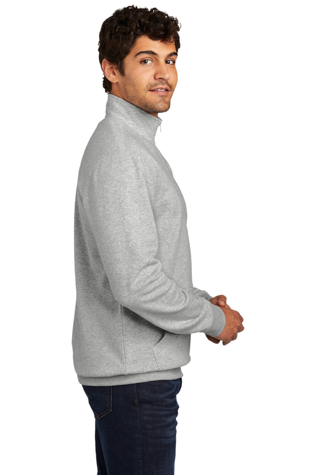 District DT6106 Mens Very Important 1/4 Zip Sweatshirt w/ Pouch Pocket Heather Light Grey Model Side
