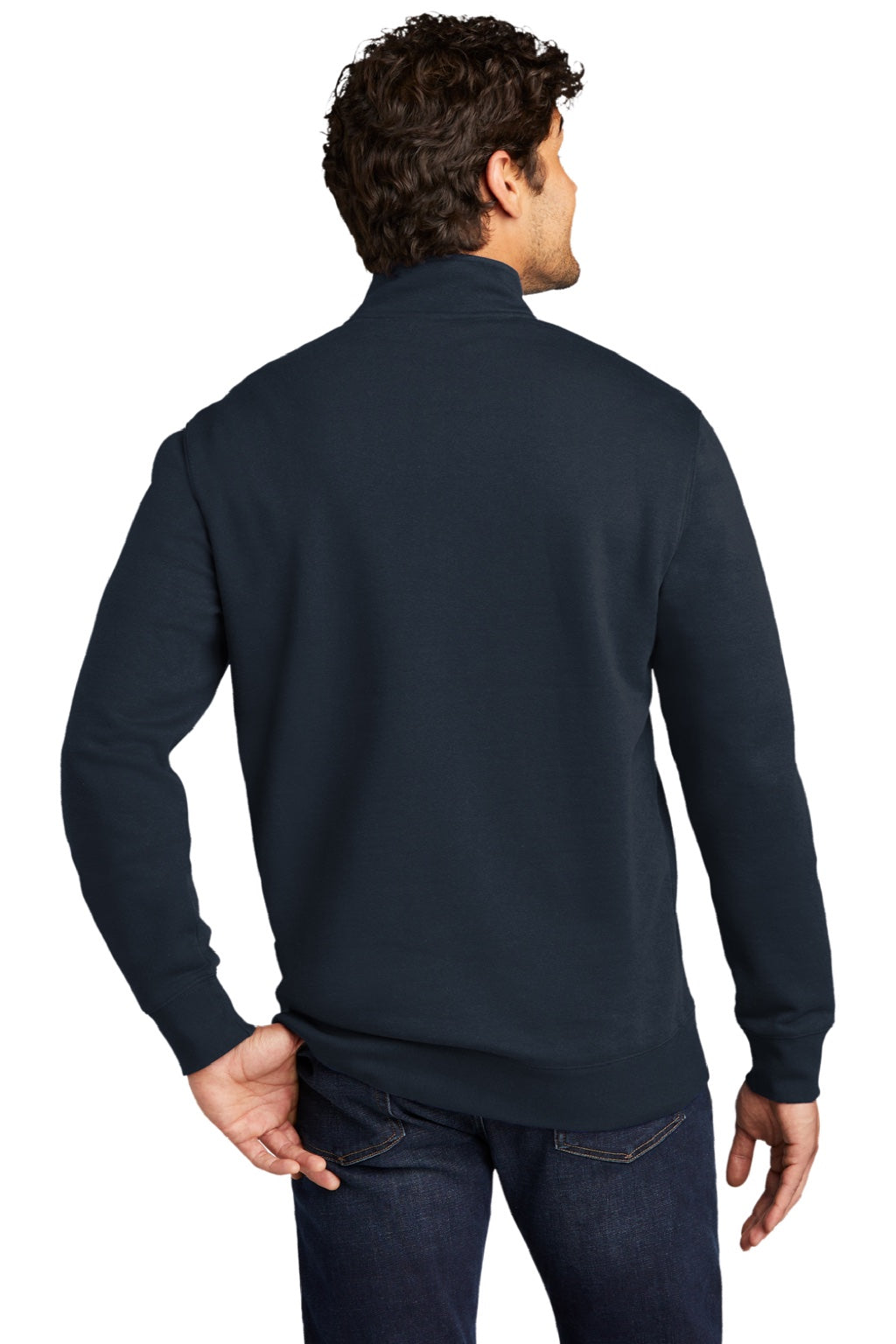 District DT6106 Mens Very Important 1/4 Zip Sweatshirt w/ Pouch Pocket New Navy Blue Model Back