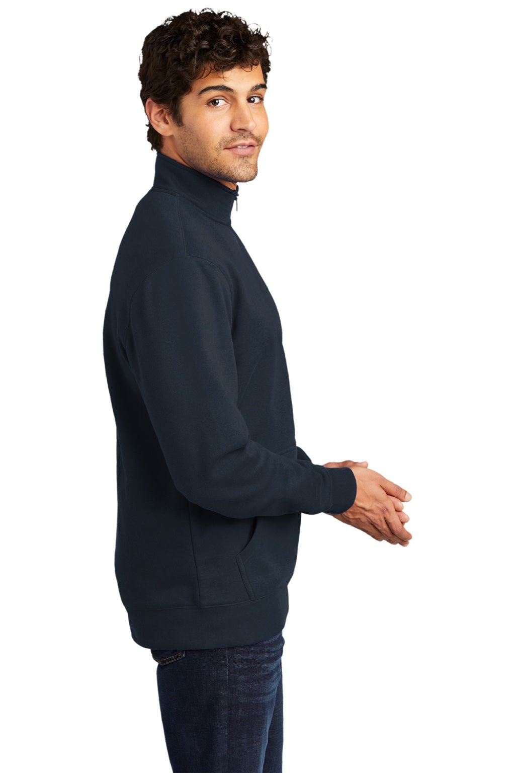 District DT6106 Mens Very Important 1/4 Zip Sweatshirt w/ Pouch Pocket New Navy Blue Model Side