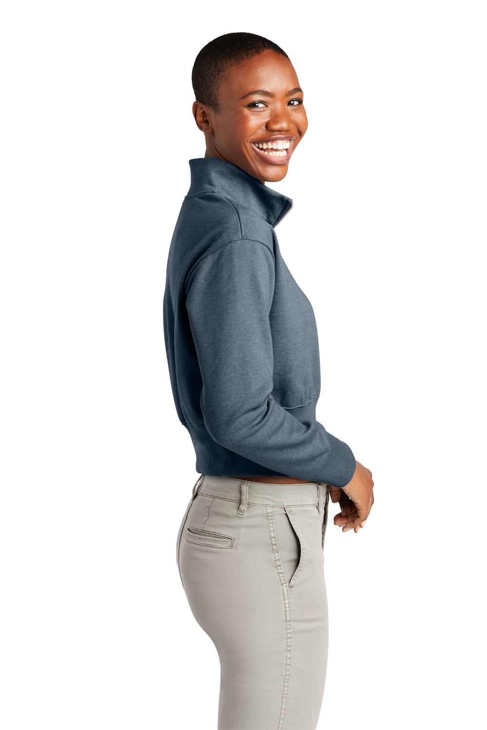 District DT6111 Womens V.I.T. Fleece 1/4 Zip Sweatshirt Heather Flint Blue Model Side