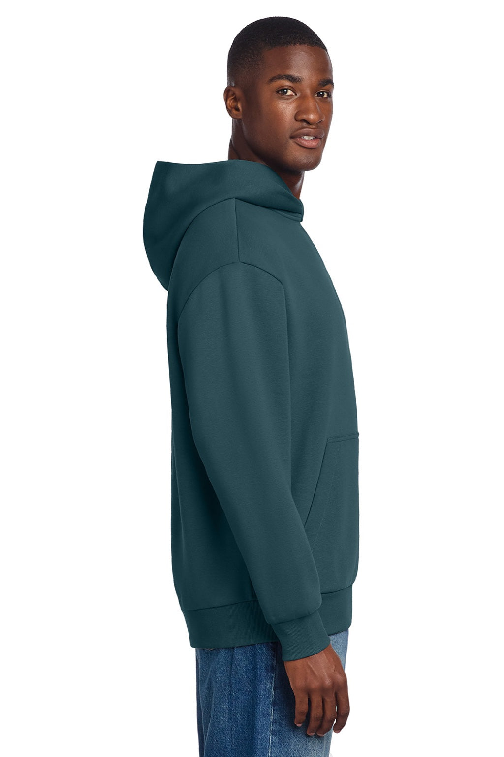 District DT6150 Mens V.I.T. Fleece Hooded Sweatshirt Hoodie Deep Cyan Blue Model Side