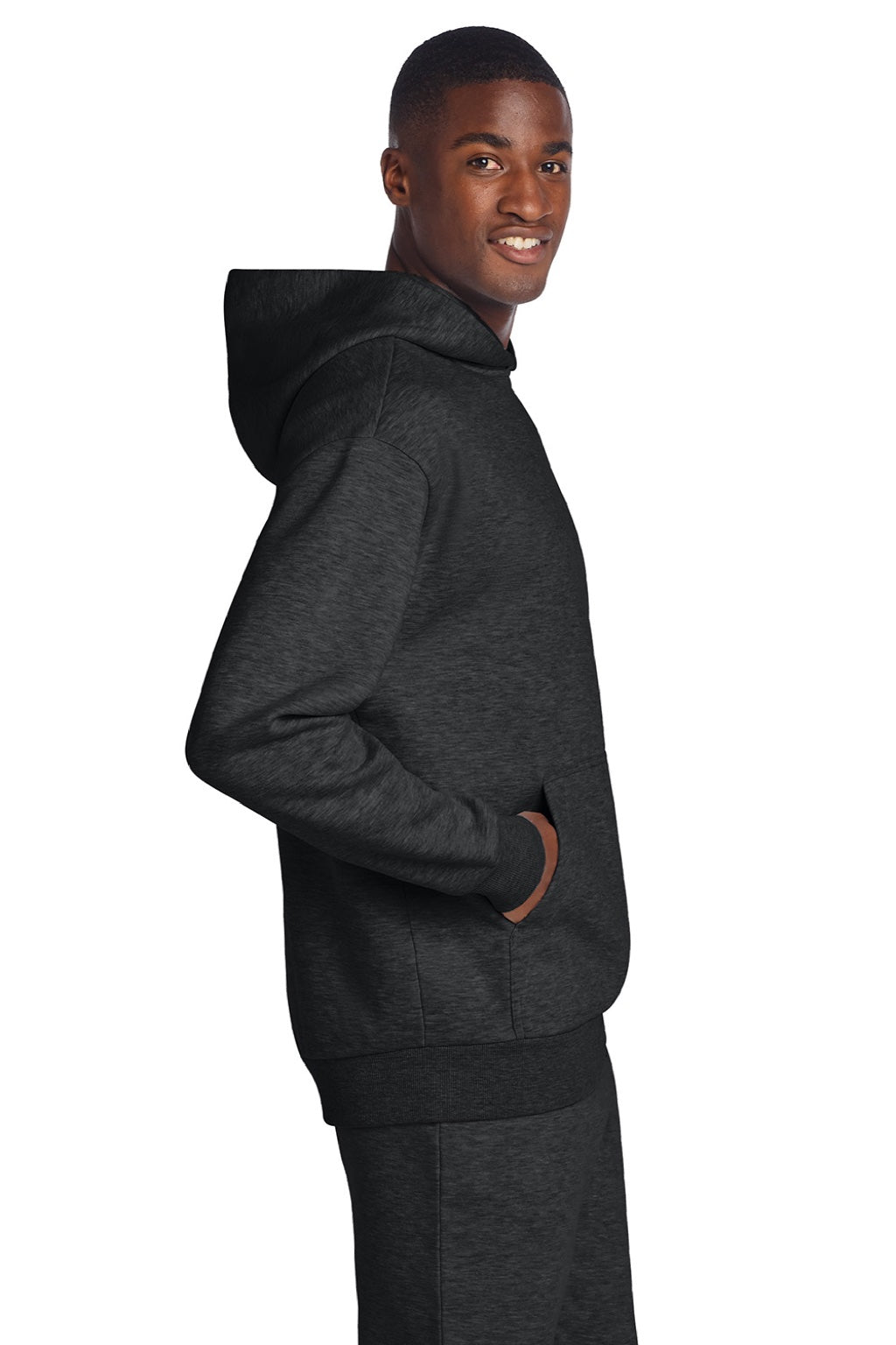 District DT6150 Mens V.I.T. Fleece Hooded Sweatshirt Hoodie Heather Jet Black Model Side