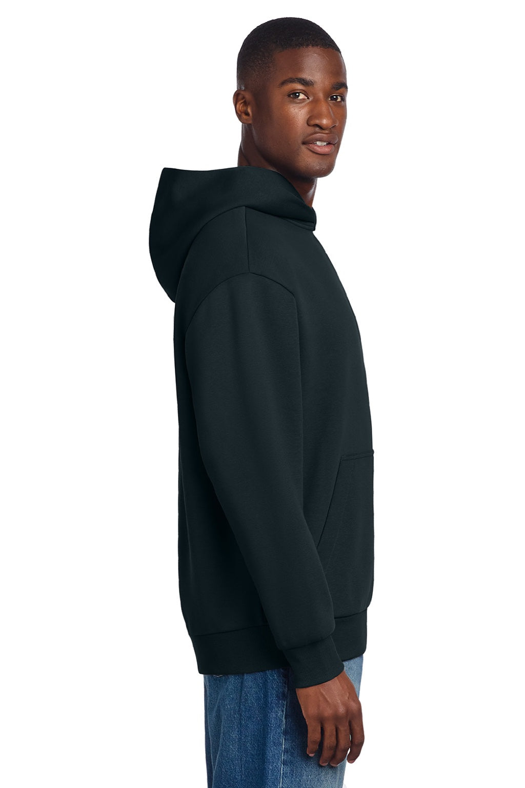 District DT6150 Mens V.I.T. Fleece Hooded Sweatshirt Hoodie Navy Blue Model Side