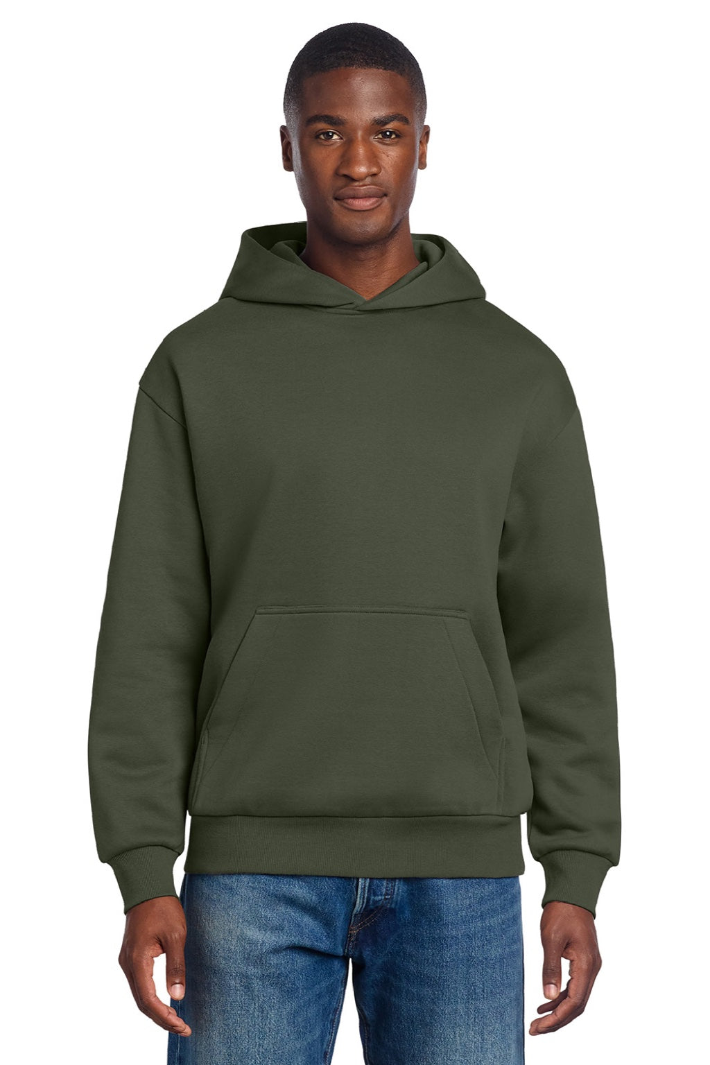 District DT6150 Mens V.I.T. Fleece Hooded Sweatshirt Hoodie Olive Green Model Front