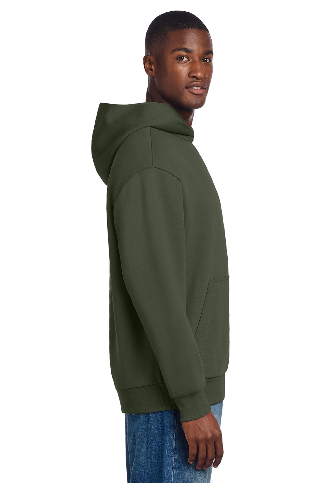 District DT6150 Mens V.I.T. Fleece Hooded Sweatshirt Hoodie Olive Green Model Side