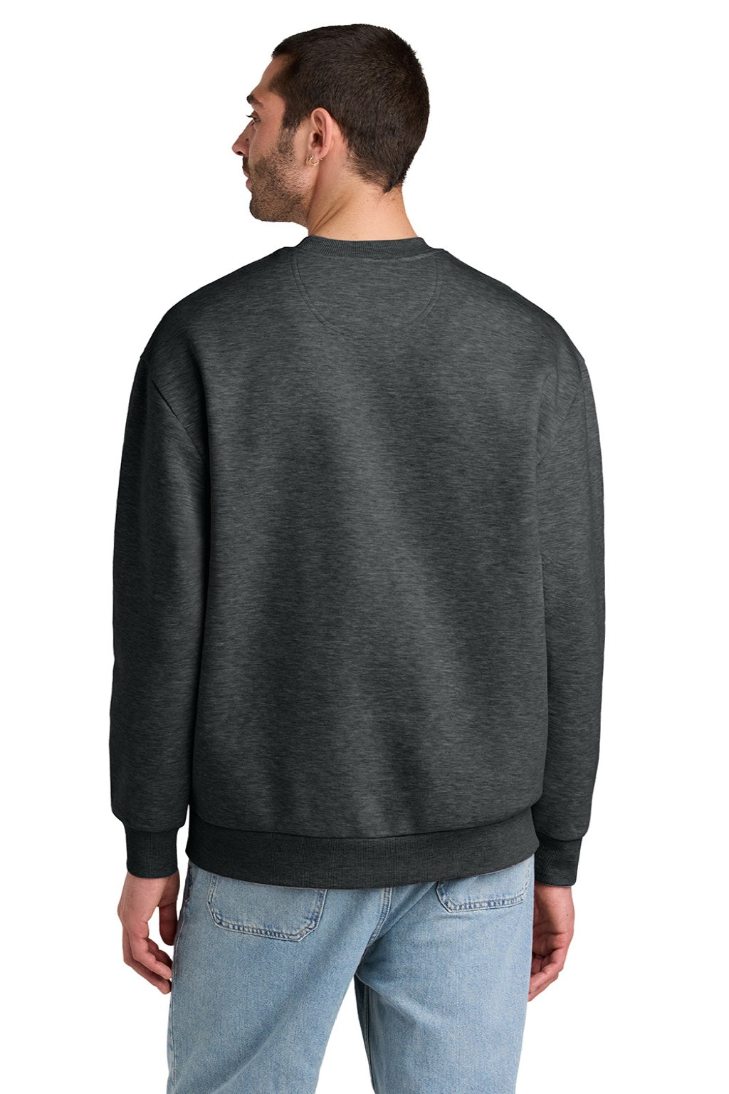 District DT6154 Mens V.I.T. Fleece Crewneck Sweatshirt Heather Charcoal Grey Model Back