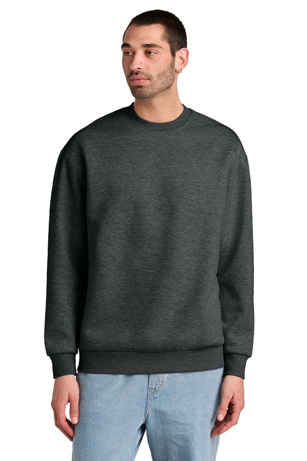 District DT6154 Mens V.I.T. Fleece Crewneck Sweatshirt Heather Charcoal Grey Model Front