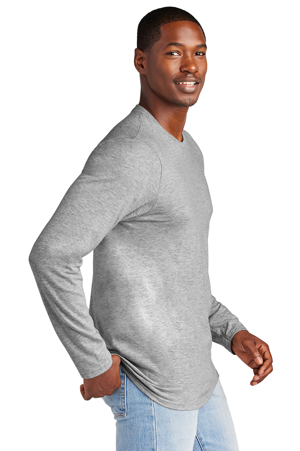 District DT6200 Mens Very Important Long Sleeve Crewneck T-Shirt Heather Light Grey Model Side