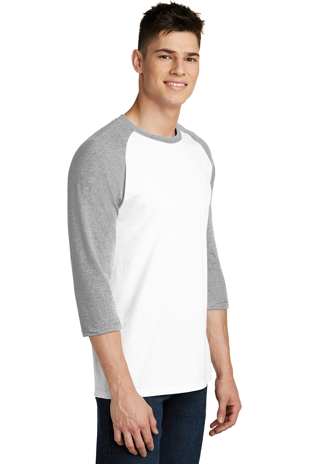 District DT6210 Mens Very Important 3/4 Sleeve Crewneck T-Shirt White/Heather Light Grey Model 3q