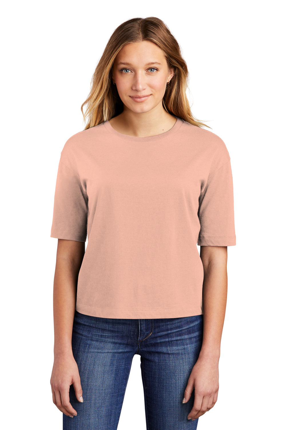 District DT6402 Womens Very Important Boxy Short Sleeve Crewneck T-Shirt Dusty Peach Model Front
