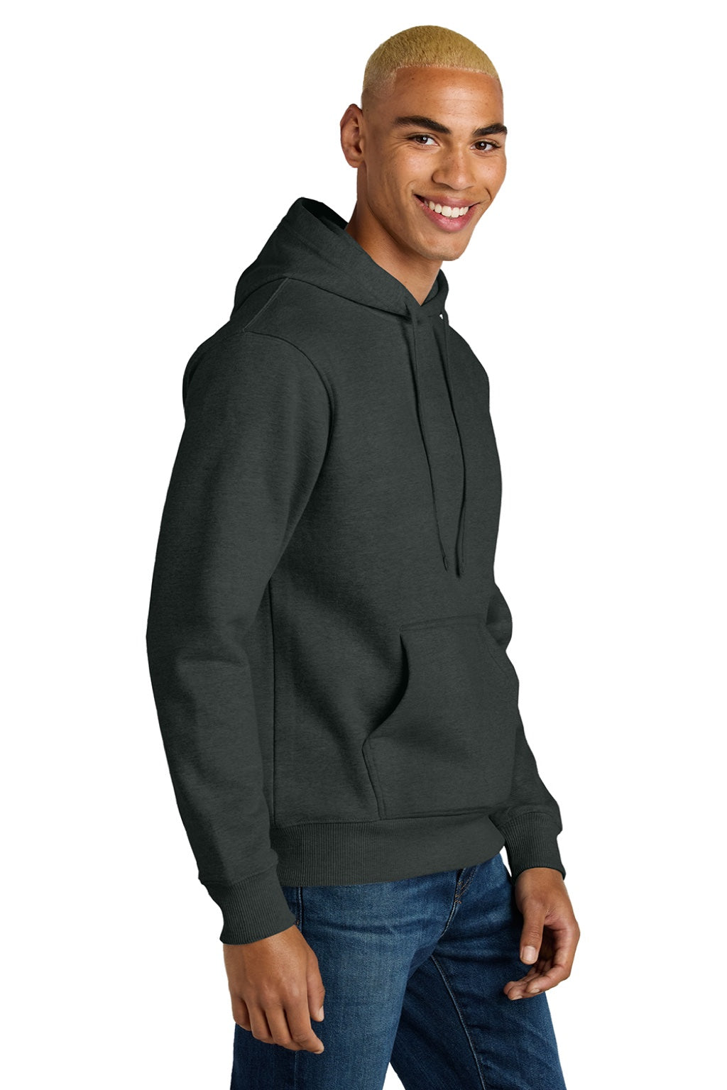 District DT6600 Mens V.I.T. Heavyweight Fleece Hooded Sweatshirt Hoodie w/ Pouch Pocket Charcoal Grey Model Side