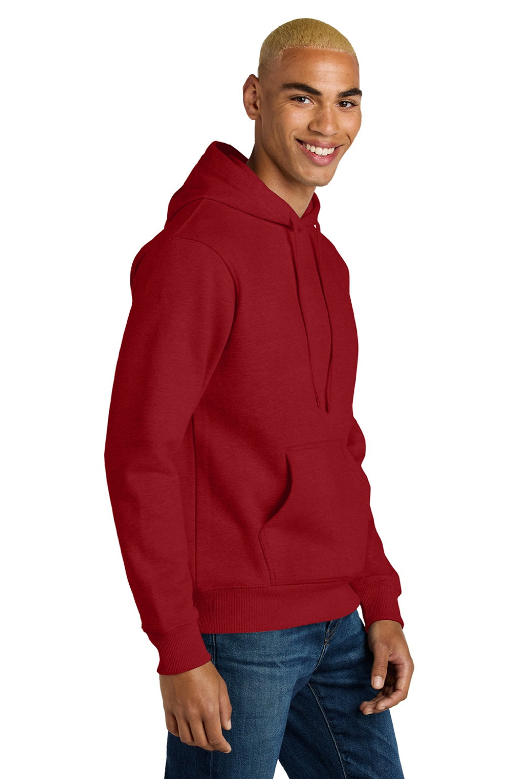 District DT6600 Mens V.I.T. Heavyweight Fleece Hooded Sweatshirt Hoodie w/ Pouch Pocket Classic Red Model Side