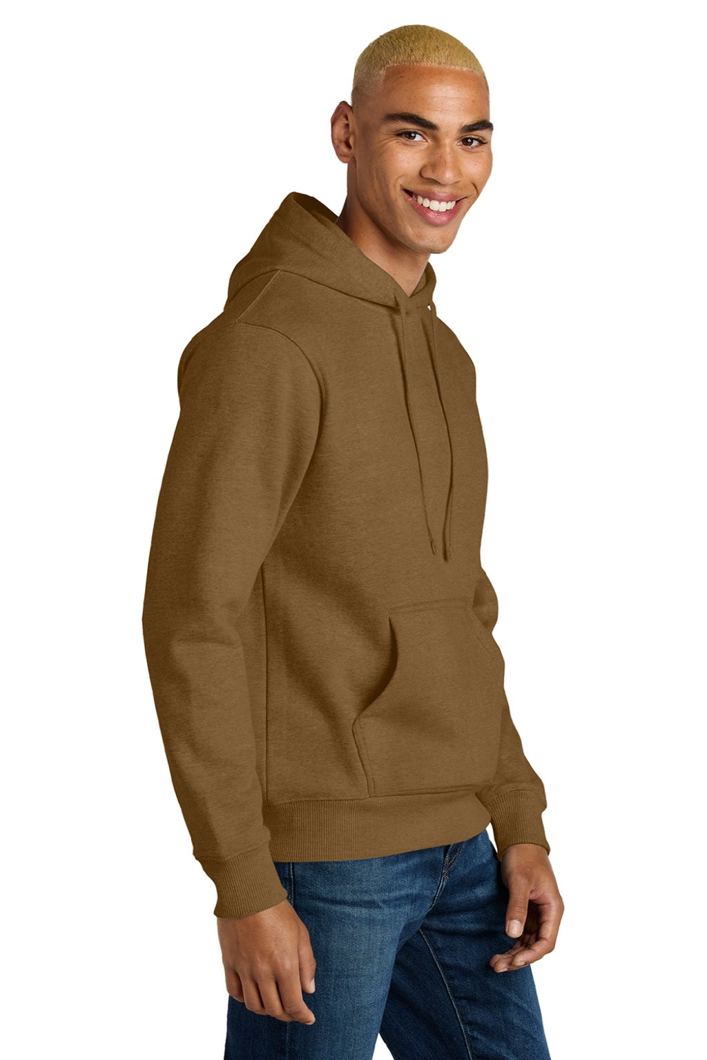 District DT6600 Mens V.I.T. Heavyweight Fleece Hooded Sweatshirt Hoodie w/ Pouch Pocket Duck Brown Model Side