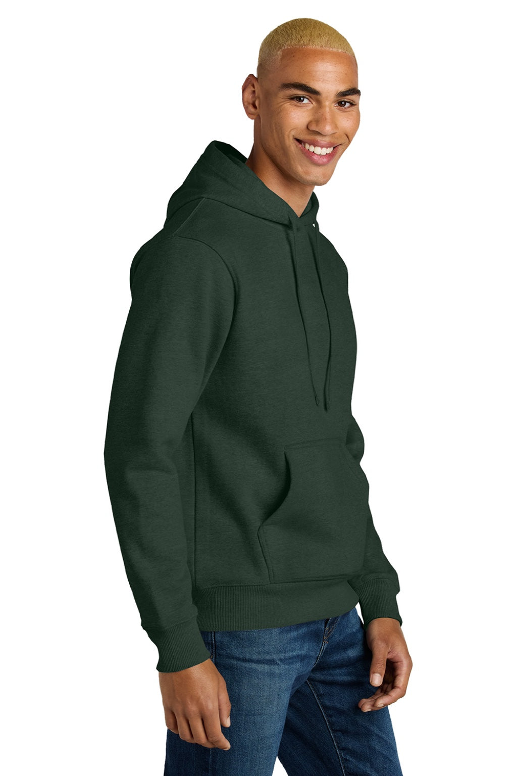 District DT6600 Mens V.I.T. Heavyweight Fleece Hooded Sweatshirt Hoodie w/ Pouch Pocket Forest Green Model Side
