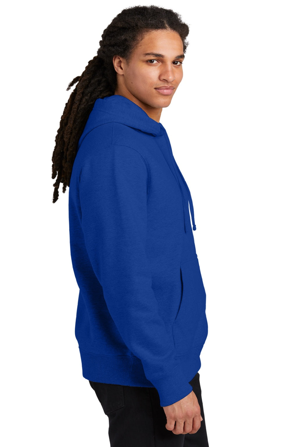 District DT6600 Mens V.I.T. Heavyweight Fleece Hooded Sweatshirt Hoodie w/ Pouch Pocket Deep Royal Blue Model Side