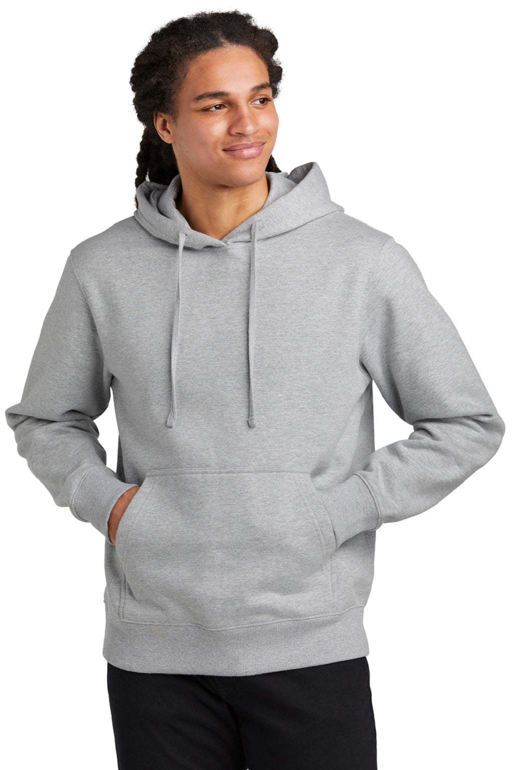 District DT6600 Mens V.I.T. Heavyweight Fleece Hooded Sweatshirt Hoodie w/ Pouch Pocket Heather Light Grey Model Front