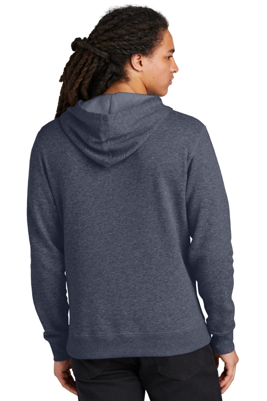 District DT6600 Mens V.I.T. Heavyweight Fleece Hooded Sweatshirt Hoodie w/ Pouch Pocket Heather Navy Blue Model Back