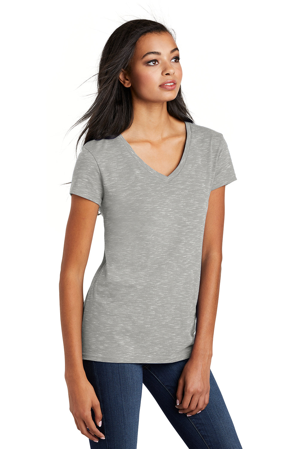 District DT664 Womens Medal Short Sleeve V-Neck T-Shirt Light Grey Model 3q