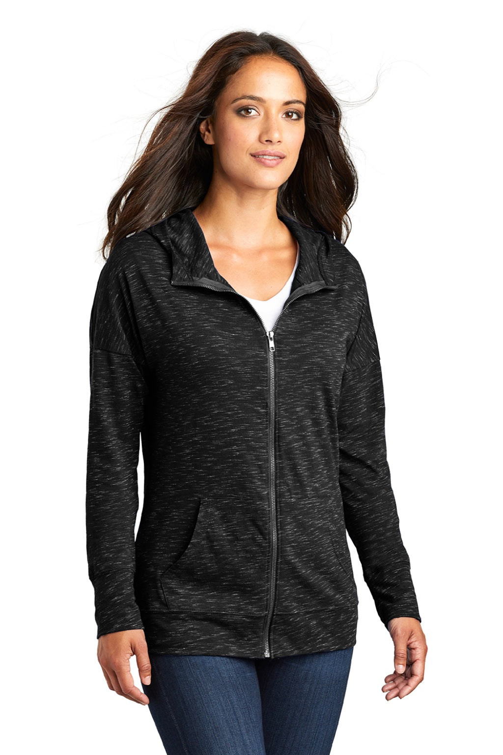 District DT665 Womens Medal Full Zip Hooded Sweatshirt Hoodie w/ Pockets Black Model 3q