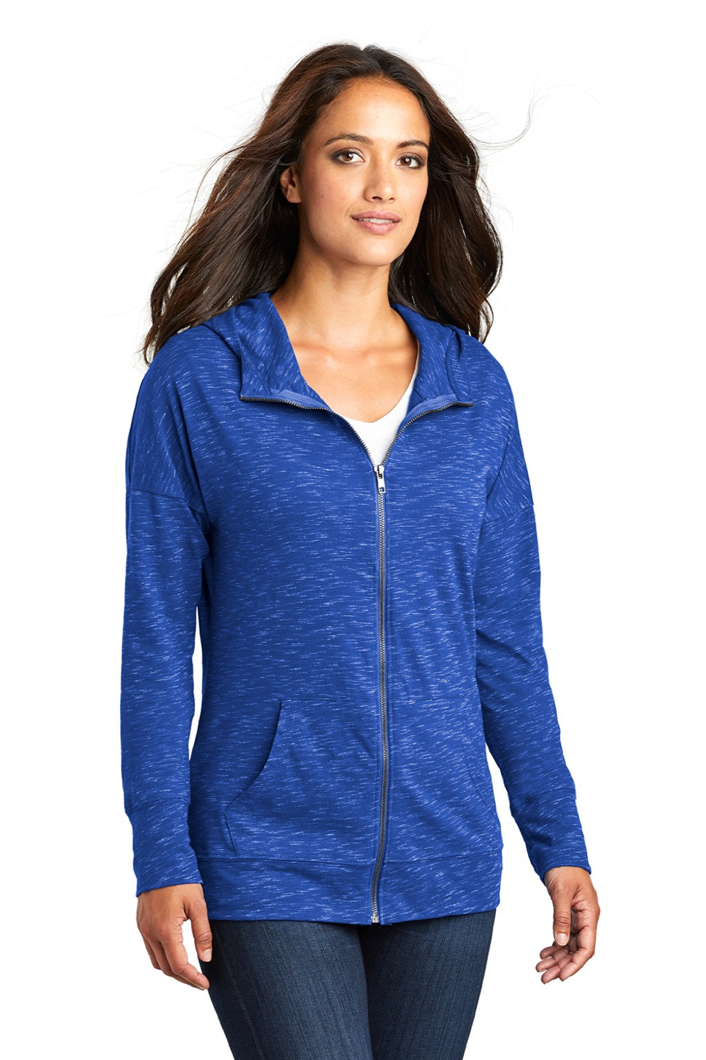 District DT665 Womens Medal Full Zip Hooded Sweatshirt Hoodie w/ Pockets Deep Royal Blue Model 3q