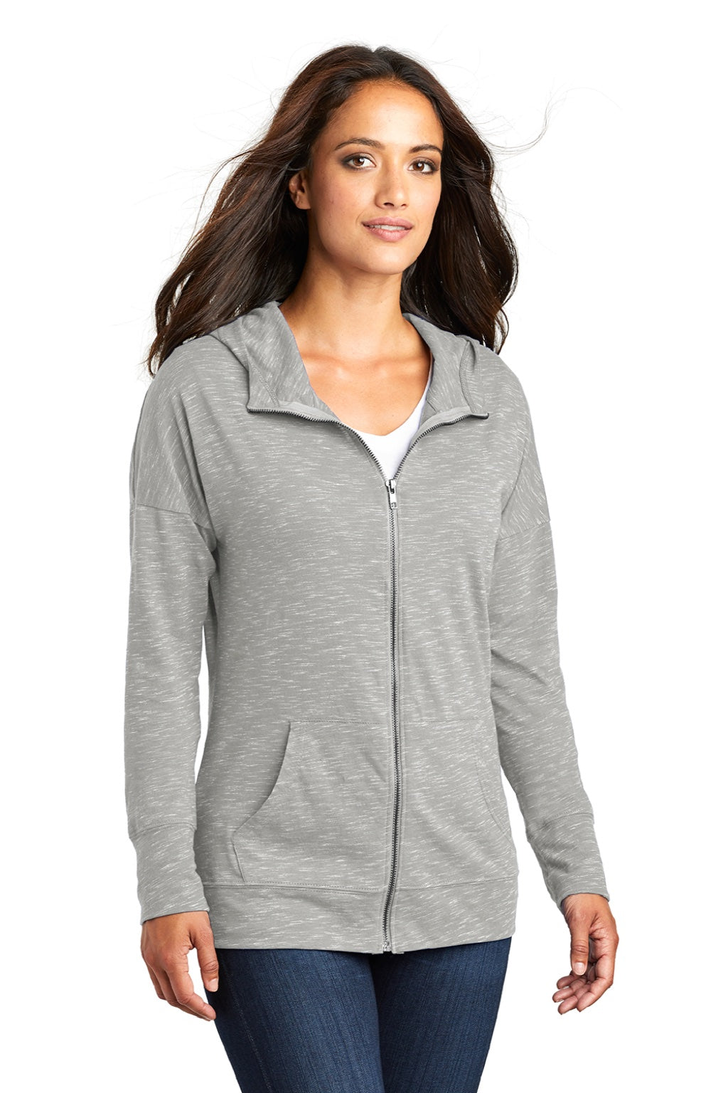District DT665 Womens Medal Full Zip Hooded Sweatshirt Hoodie w/ Pockets Light Grey Model 3q