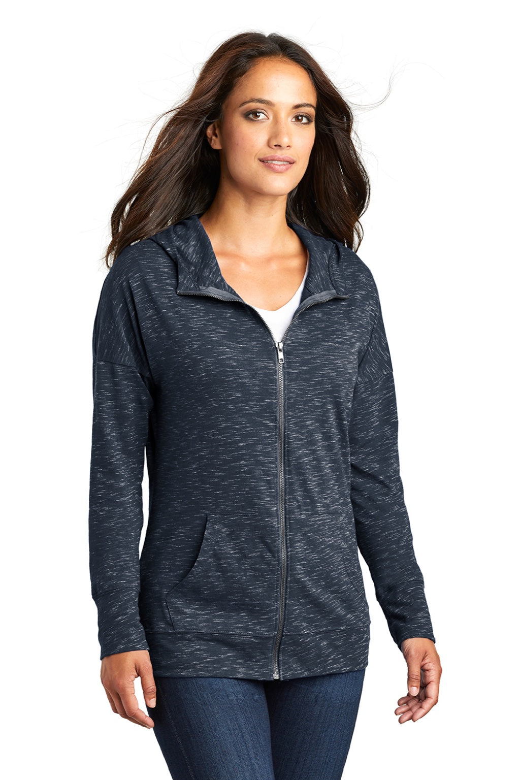 District DT665 Womens Medal Full Zip Hooded Sweatshirt Hoodie w/ Pockets New Navy Blue Model 3q