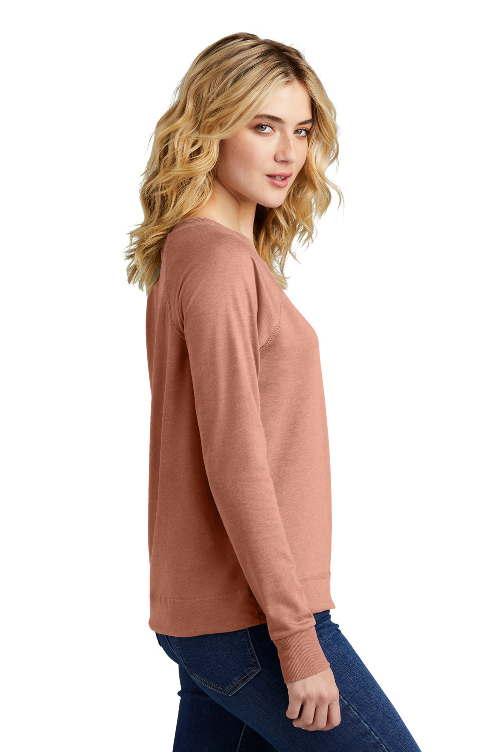 District DT672 Womens French Terry Crewneck Sweatshirt Heather Nostalgia Rose Model Side