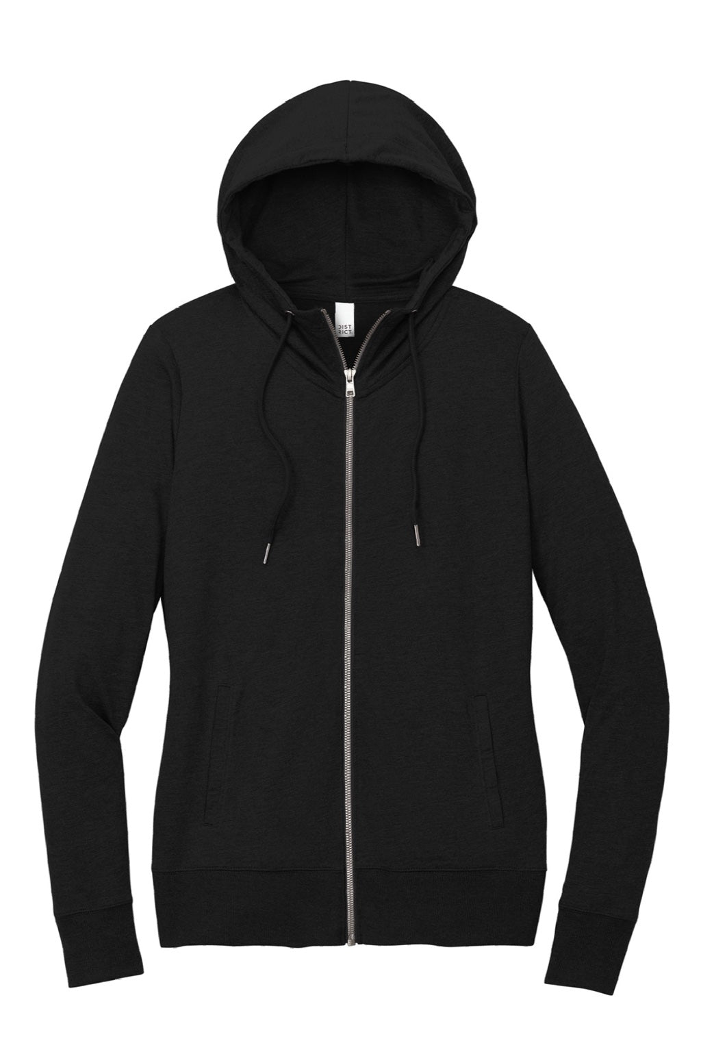 District DT673 Womens French Terry Full Zip Hooded Sweatshirt Hoodie w/ Pockets Black Flat Front