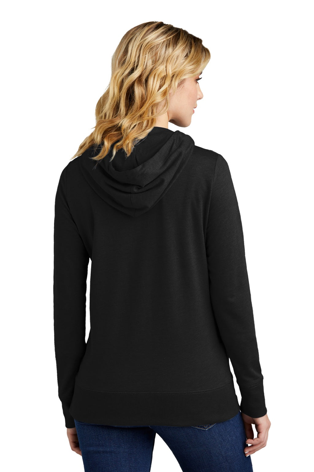 District DT673 Womens French Terry Full Zip Hooded Sweatshirt Hoodie w/ Pockets Black Model Back