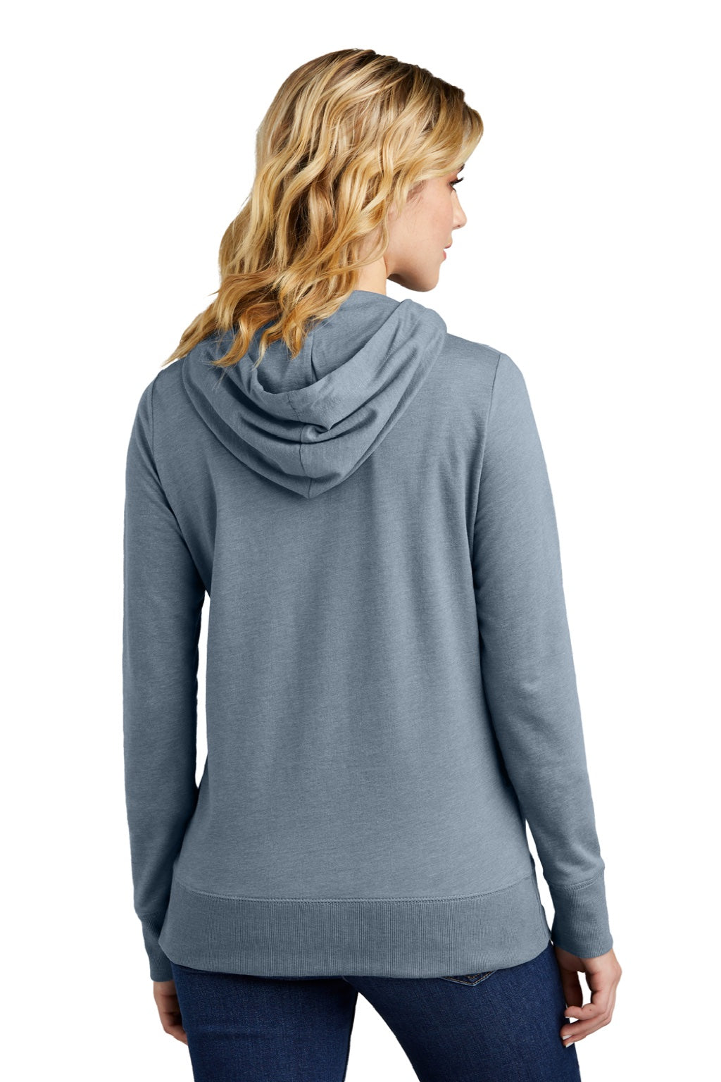 District DT673 Womens French Terry Full Zip Hooded Sweatshirt Hoodie w/ Pockets Heather Flint Blue Model Back