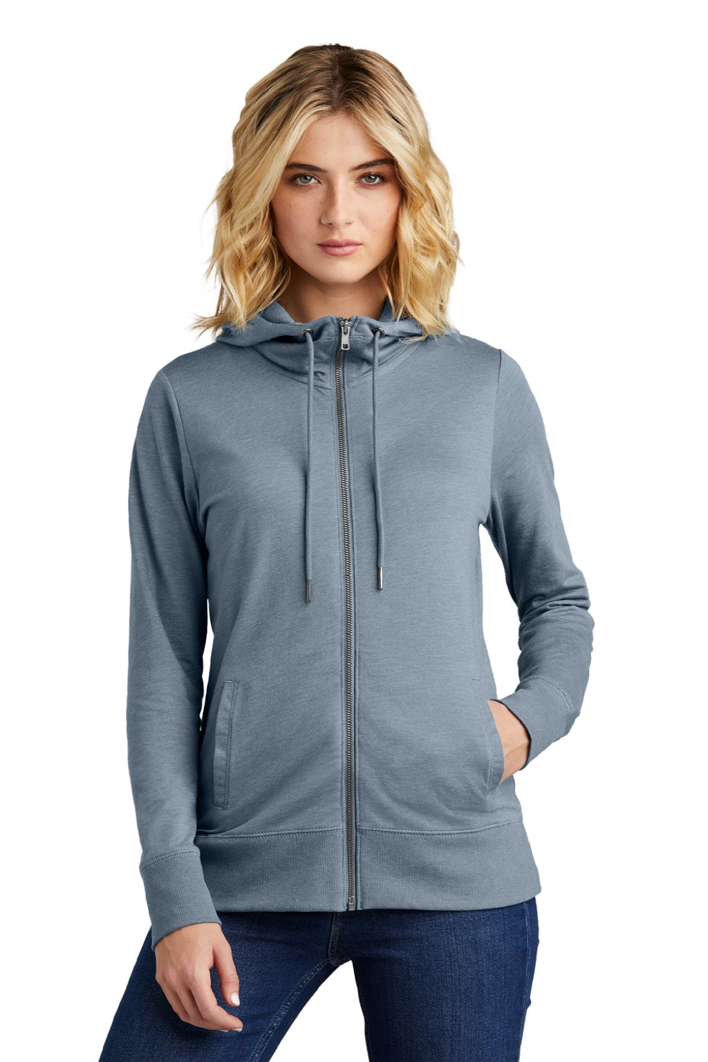 District DT673 Womens French Terry Full Zip Hooded Sweatshirt Hoodie w/ Pockets Heather Flint Blue Model Front