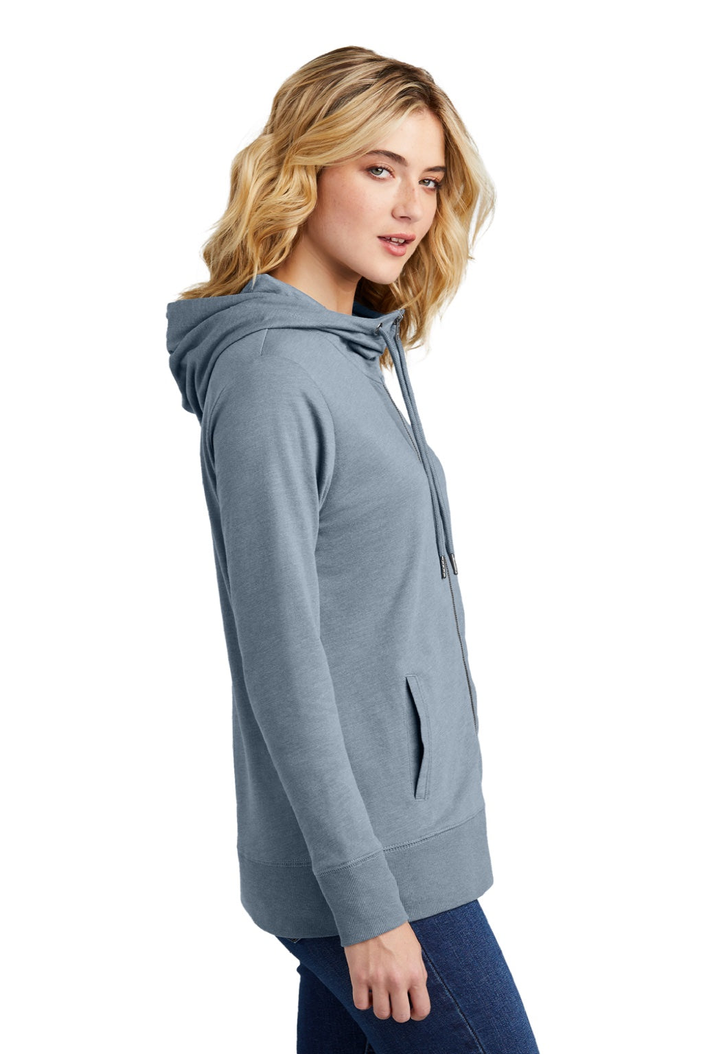 District DT673 Womens French Terry Full Zip Hooded Sweatshirt Hoodie w/ Pockets Heather Flint Blue Model Side