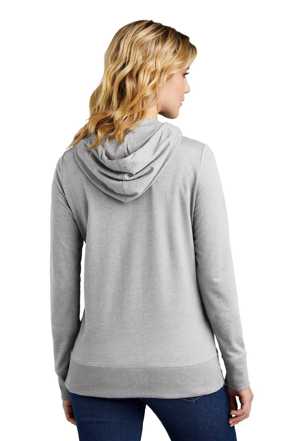 District DT673 Womens French Terry Full Zip Hooded Sweatshirt Hoodie w/ Pockets Heather Light Grey Model Back